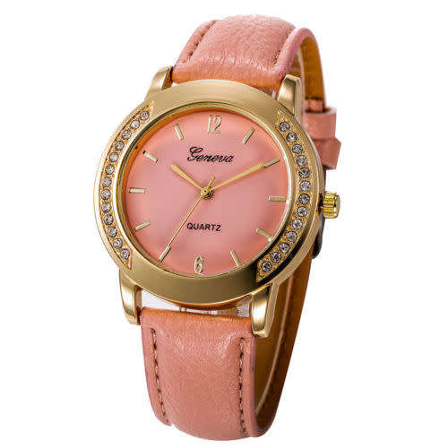 Fashion Women Geneva Crystal Stainless Steel Leather Quartz Analog Wrist Watches *ONLY PINK  COLOR*
