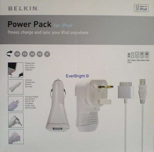 BELKIN IPOD POWER PACK, CHARGE & SYNC ANYWHERE (BRAND NEW)