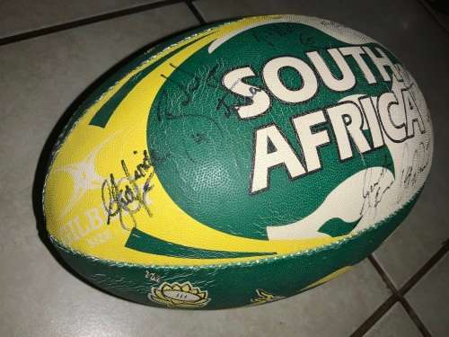 SA RUGBY SIGNED BALL WITH STAND