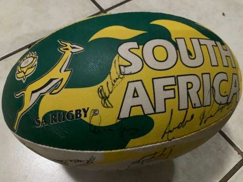 SA RUGBY SIGNED BALL WITH STAND