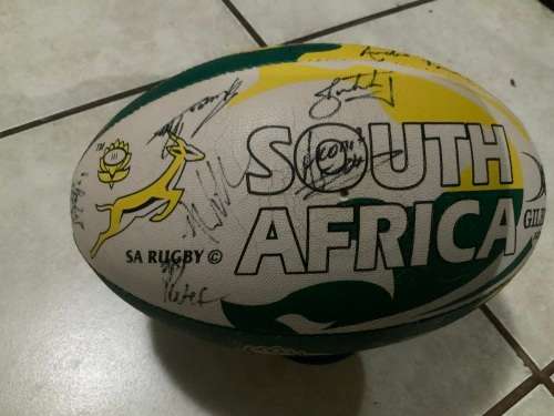 SA RUGBY SIGNED BALL WITH STAND