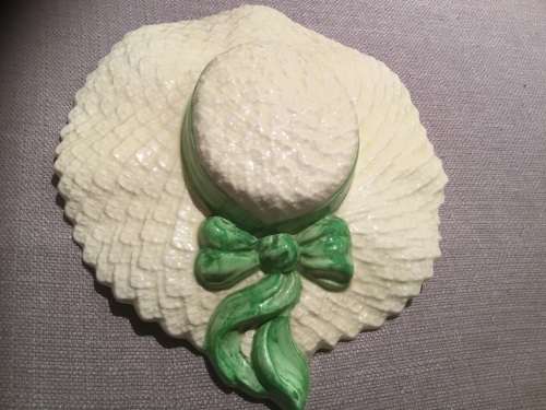 Vintage Falcon Ware Pottery summer hat wall pocket / vase with green ribbon.