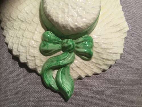 Vintage Falcon Ware Pottery summer hat wall pocket / vase with green ribbon.
