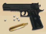 AIRSOFT BB C02 GUN, WHICH USES 4.5MM STEEL BB'S, LONG BARREL