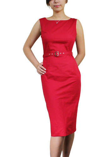 Red Belted Sleeveless Pencil Dress