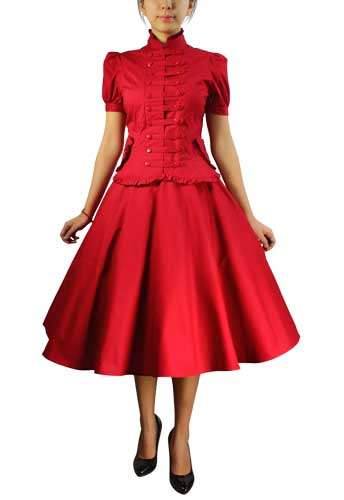 Red Military Shirt With Flare Skirt Suit