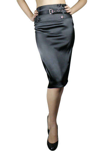 Black High-Waist Belted Satin Pencil Skirt