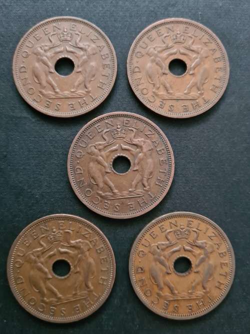 5 by Rhodesia Nyasaland 1 Pennies 1962 - as per photograph