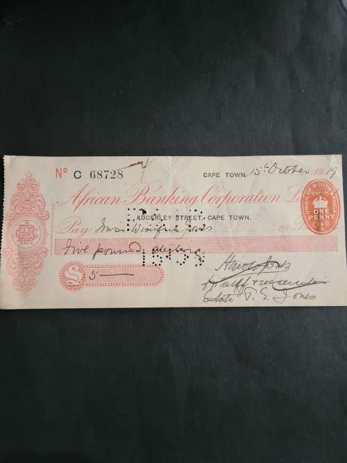 African Banking Corporation Limited Cheque 15 October 1919 - as per photograph