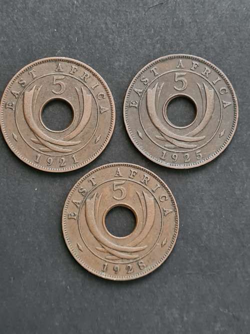 3 x East Africa 5 Cents 1921/1925 /1928 - as per photograph