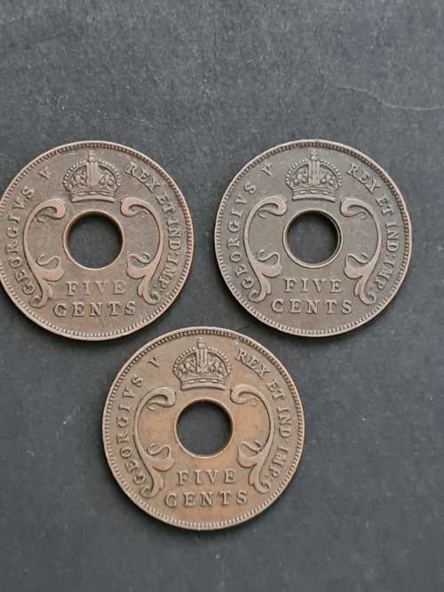 3 x East Africa 5 Cents 1921/1925 /1928 - as per photograph