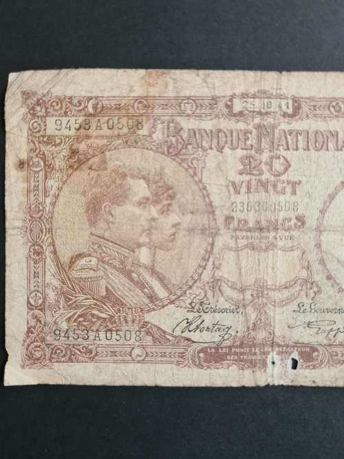 Belgium 20 Francs Filler Note 25/10/1941 - as per photograph