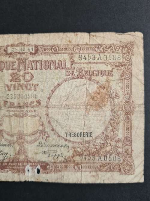 Belgium 20 Francs Filler Note 25/10/1941 - as per photograph