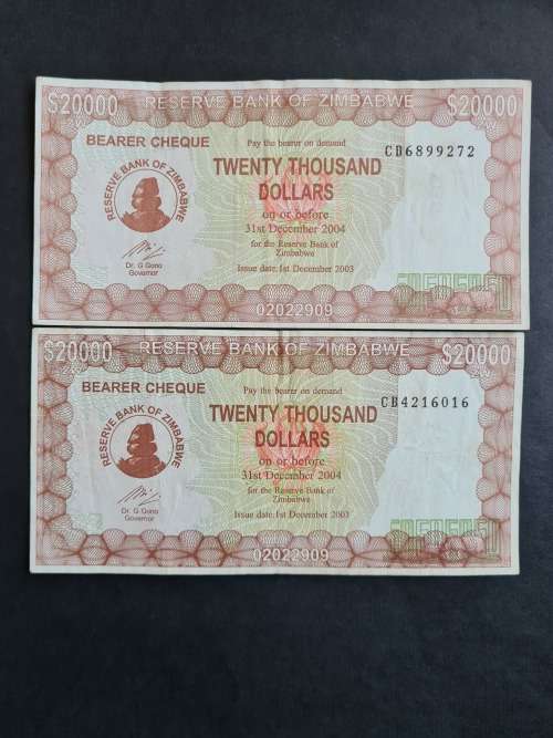 2 x Reserve Bank of Zimbabwe 20 000 Dollars bearer cheque 1 December 2003