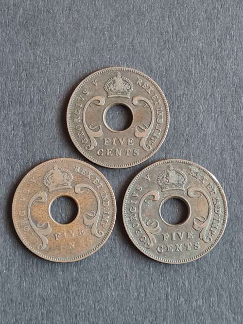3 x East Africa 5 Cents 1923/1924/1925