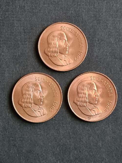 3 x SA 2 Cents 1965 - 1 English, 2 Afrikaans EF+/UNC