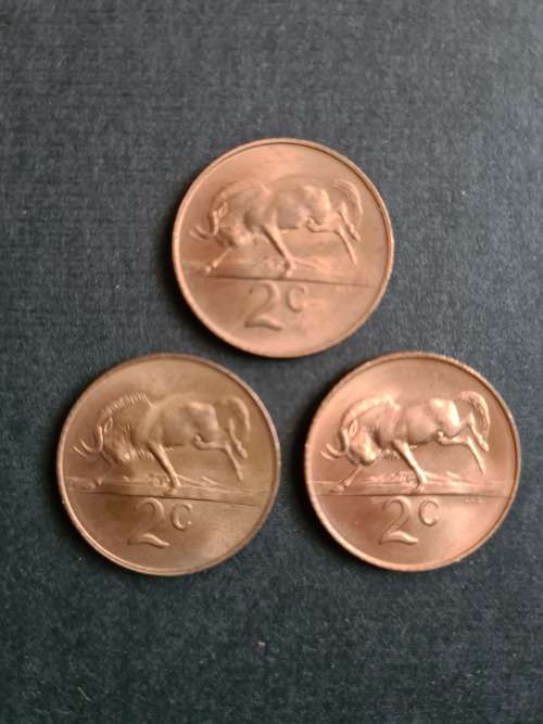 3 x SA 2 Cents 1965 - 1 English, 2 Afrikaans EF+/UNC