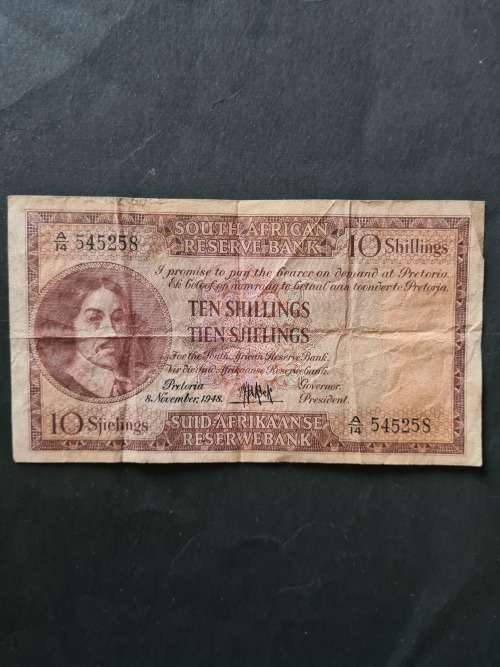 MH De Kock 10 Shillings English/Afrikaans 8 November 1948 (folds) - as per photograph