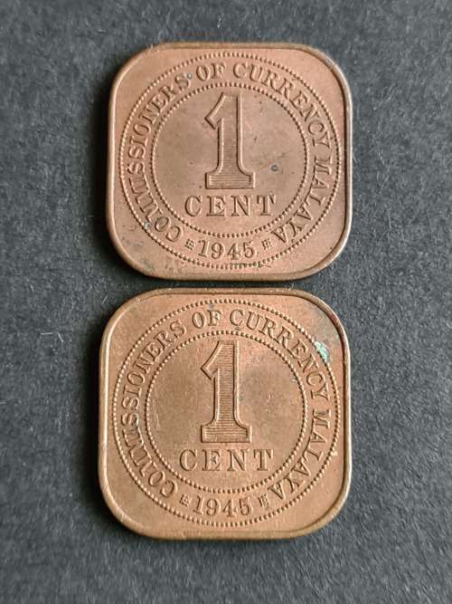 2 x Malaya 1 Cent 1945 - as per photograph