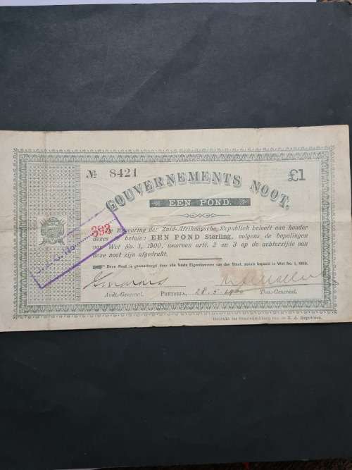 ZAR Gouvernements Noot Een Pond 28/5/1900 (2 pin holes in middle of note)  - as per photograph