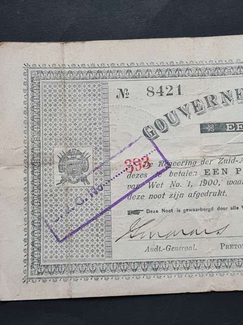 ZAR Gouvernements Noot Een Pond 28/5/1900 (2 pin holes in middle of note)  - as per photograph
