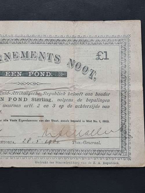 ZAR Gouvernements Noot Een Pond 28/5/1900 (2 pin holes in middle of note)  - as per photograph