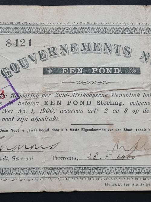 ZAR Gouvernements Noot Een Pond 28/5/1900 (2 pin holes in middle of note)  - as per photograph
