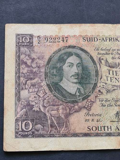 MH de Kock 10 Pounds A/E 10.8.55 (folds/tears/creases/pen mark) - as per photograph