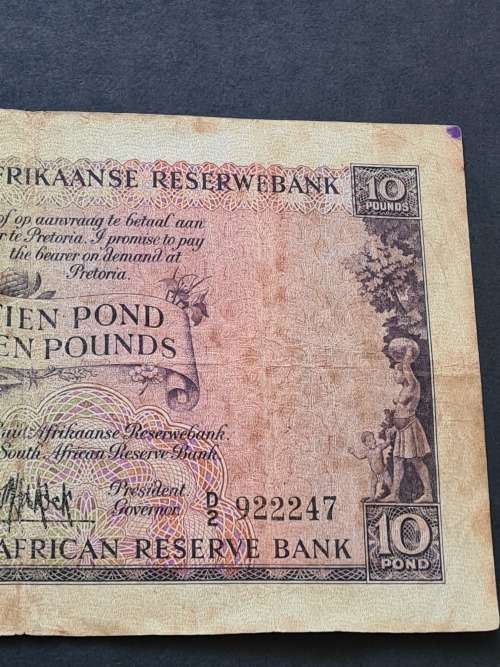 MH de Kock 10 Pounds A/E 10.8.55 (folds/tears/creases/pen mark) - as per photograph