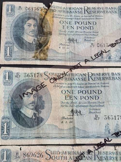 3 x MH de Kock One Pound Filler Notes (folds/tears/creases) - as per photograph