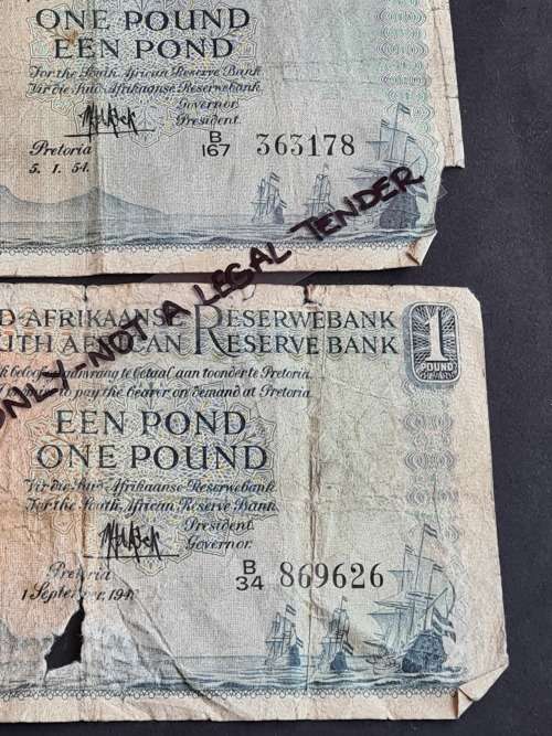 3 x MH de Kock One Pound Filler Notes (folds/tears/creases) - as per photograph