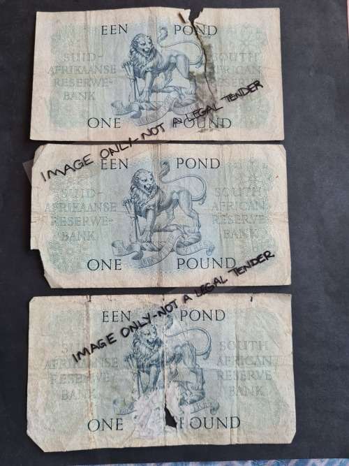 3 x MH de Kock One Pound Filler Notes (folds/tears/creases) - as per photograph