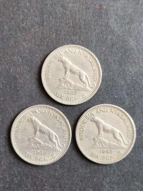 3 x Rhodesia and Nysaland Sixpence 1962 - as per photograph