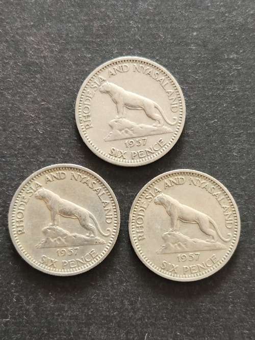 3 x Rhodesia and Nysaland Sixpence 1957 - as per photograph