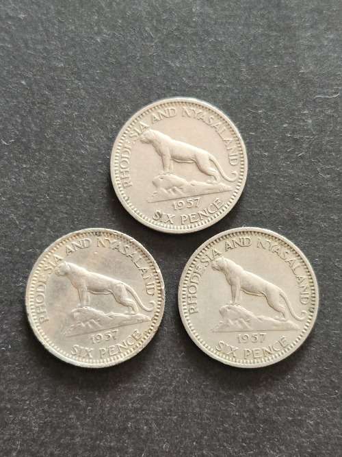 3 x Rhodesia and Nysaland Sixpence 1957 - as per photograph