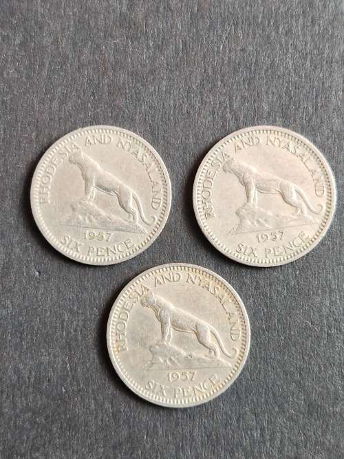 3 x Rhodesia and Nysaland Sixpence 1957 - as per photograph