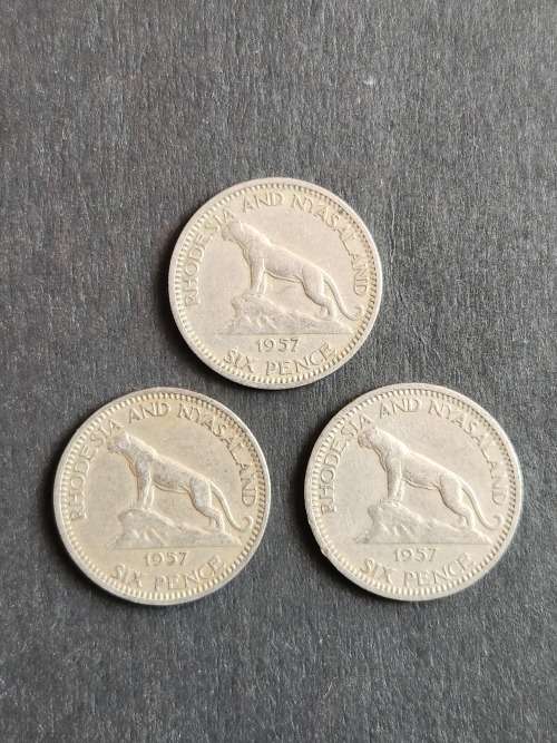 3 x Rhodesia and Nysaland Sixpence 1957 - as per photograph