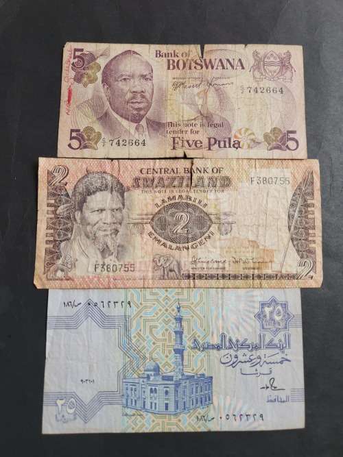 3 x Africa Notes Botswana 5 Pula, Swaziland 2 Elangeni and Egypt 25 Piastres- as per photograph