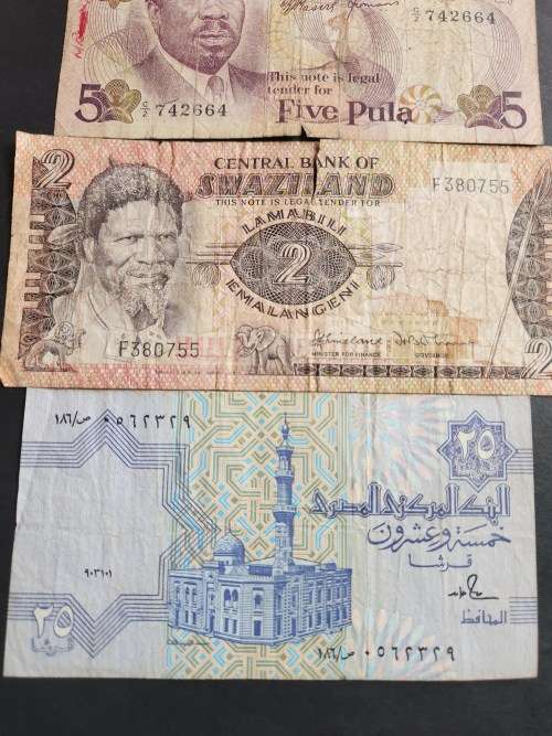 3 x Africa Notes Botswana 5 Pula, Swaziland 2 Elangeni and Egypt 25 Piastres- as per photograph