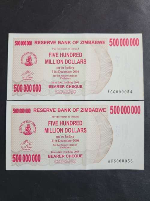 2 x Reserve Bank of Zimbabwe 500 Million Dollars Bearer Cheque 2008 consecutive numbers UNC - as per