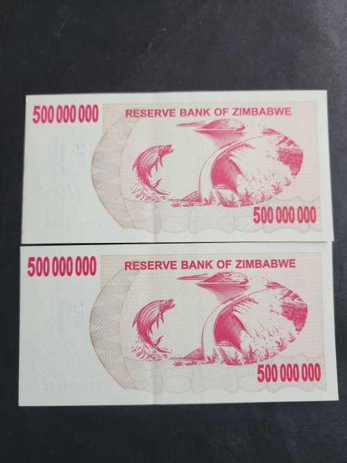 2 x Reserve Bank of Zimbabwe 500 Million Dollars Bearer Cheque 2008 consecutive numbers UNC - as per