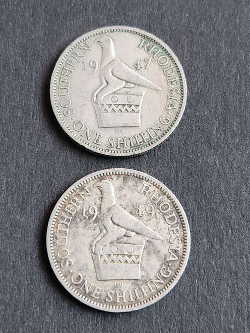 2 x Southern Rhodesia One Shillings 1947/1949 - as per photograph