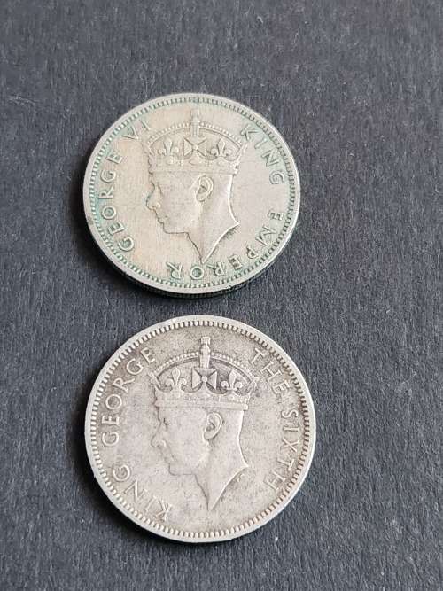 2 x Southern Rhodesia One Shillings 1947/1949 - as per photograph