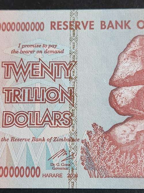 Reserve Bank of Zimbabwe 20 Trillion Dollars Harare 2008 BU - as per photograph