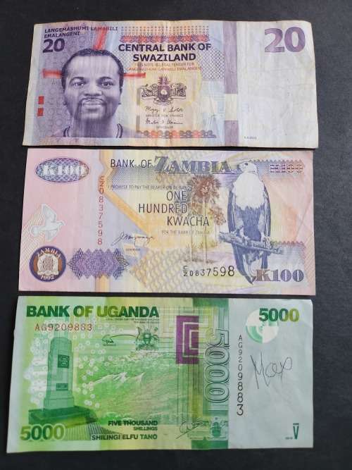 3 x African Notes - Swaziland 20 Emalangeni,  Zambia 100 Kwacha and Uganda 5000 Shilingi - as per ph