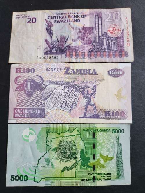 3 x African Notes - Swaziland 20 Emalangeni,  Zambia 100 Kwacha and Uganda 5000 Shilingi - as per ph