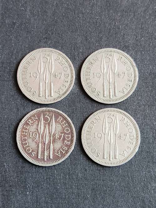 4 x Southern Rhodesia Threepence 1947 - as per photograph