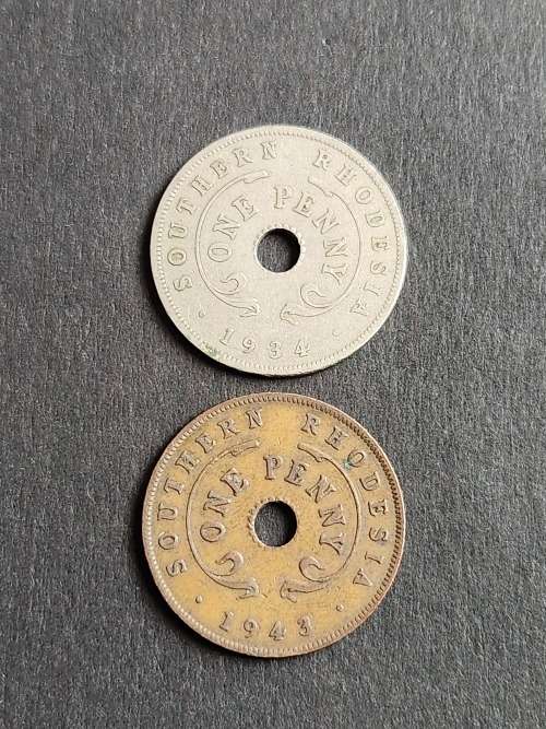 2 x Southern Rhodesia One Pennies 1934/1943 - as per photograph