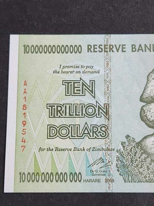 Reserve Bank of Zimbabwe 10 Trillion Dollars Harare 2008 AA series BU - as per photograph
