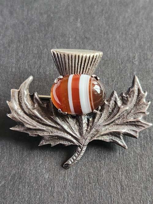 Vintage Robert Allison Scottish Hallmark Silver Tistle Brooch with Citrine Celtic 11.2g